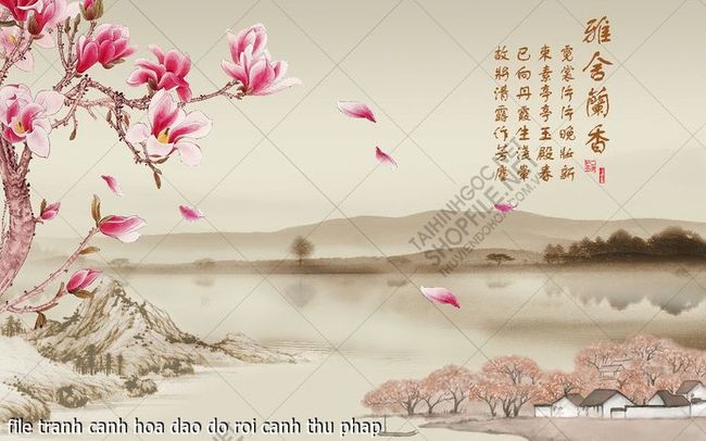 file tranh canh hoa dao do roi canh thu phap